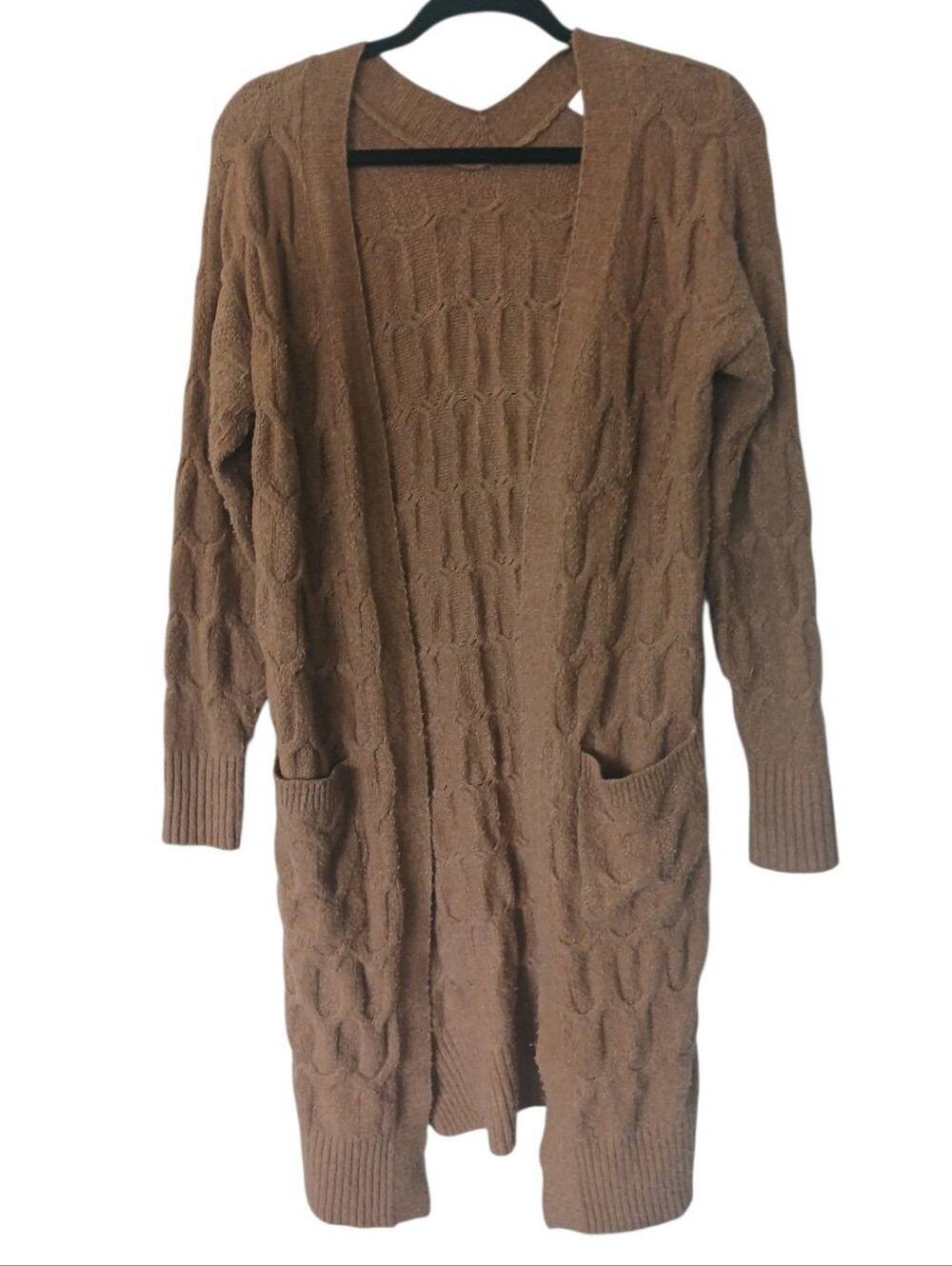 Pink Rose Soft Cozy Brown Cable Knit Open-Front Cardigan Sweater Size Small